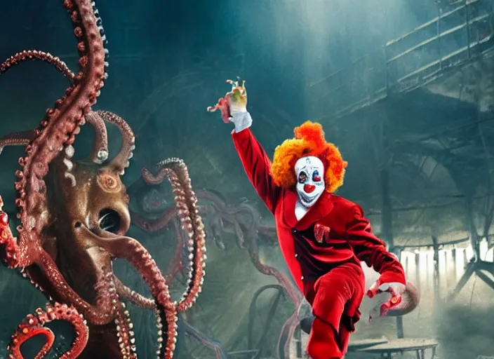 Image similar to A very high resolution image from a new movie, a clown fighting an octopus, old circus, Polaroid, directed by Steven Spielberg