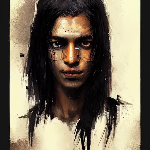 Image similar to portrait of a cyborg by greg rutkowski, he is about 3 0 years old, indian, very tall and slender, messy long black hair, he is wearing a black t - shirt, highly detailed portrait, digital painting, artstation, concept art, smooth, sharp foccus ilustration, artstation hq