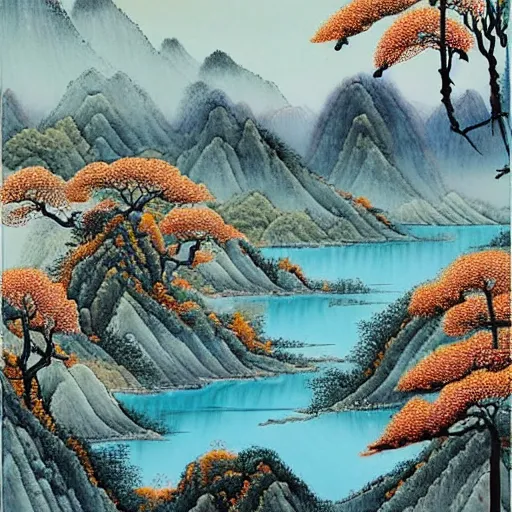 Prompt: overlooking of a beautiful mountain landscape with detailed painting of dark rocks,peaks and cliffs,green trees and scattered red,orange or white small flowers seen from distance The river is full of clear blue crystal water under a cloudless blue sky 千里江山图,masterpiece of traditional Chinese painting; Qian Li Jiang Shan Tu;A Thousand Li of Rivers and Mountains by Wang Ximeng,bright illuminated,Vintage Mood Effect,Terragen, photography,landscape 清明上河图,Qingming Shanghe Tu (Ascending the River at Qingming Festival) by Zhang Zeduan,a scene in the Northern Song dynasty's Eastern Capital, Kaifeng,;overview of a street full of people with a bridge over a river and boats beautiful, colorful,telephoto lens;figurativism,by Craig Potton; Ferdinand Knab;John Atkinson Grimshaw;James Gurney bright illuminated,Vintage Mood Effect,Terragen, photography,landscape