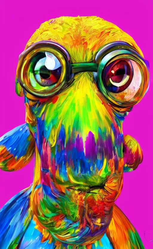 Image similar to a bright and colorful detailed photorealistic painting of a funny looking character. the character is making a silly face and the background is filled with happy looking animals. high quality. hq hd 4 k. award winning. trending on artstation