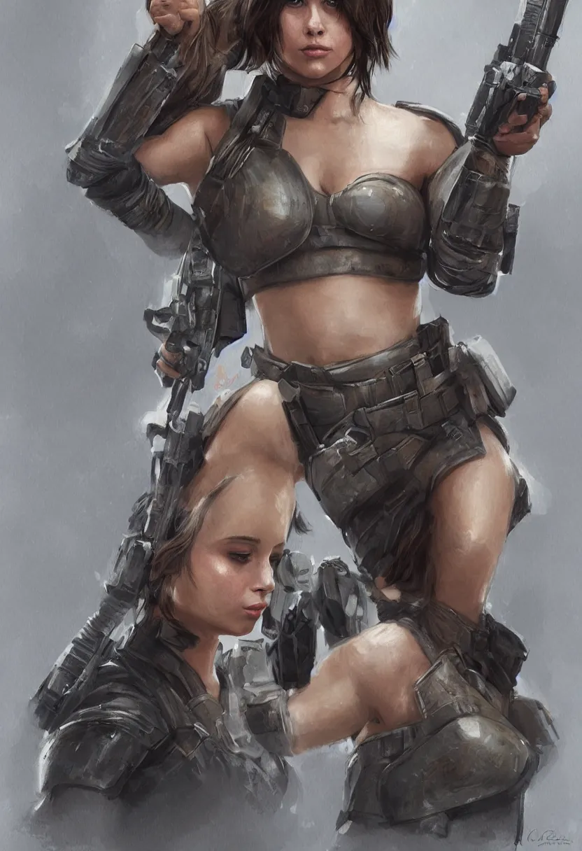 Image similar to gorgeous jyn erso in tactical bikini armor, by calum alexander watt, portrait, profile posing, perfect anatomy, hyper photorealistic, digital photography, artstation, concept art