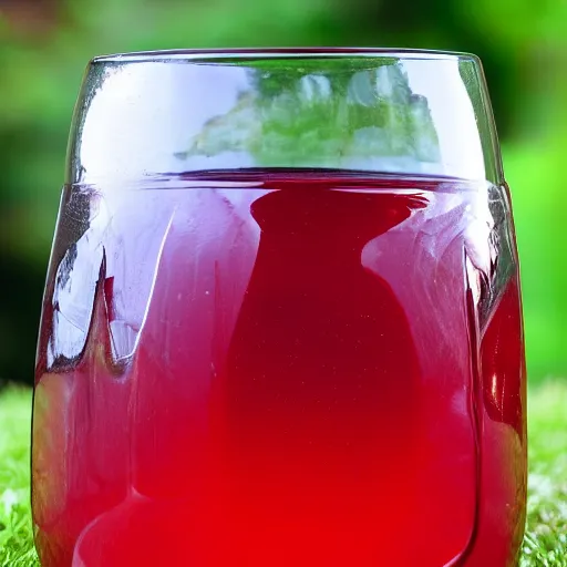 Image similar to transparent half filled with turbulent red liquid inside in a leaking transparent skull