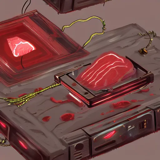 Image similar to , flesh box with wires sticking out, meat box, clump of flesh, a computer made out of flesh, computer made out of flesh, skin on the gaming pc, personal computer horror, server, electronic, skinned alive, blood, intricate, highly detailed, digital painting, artstation, concept art, smooth, sharp focus, illustration,