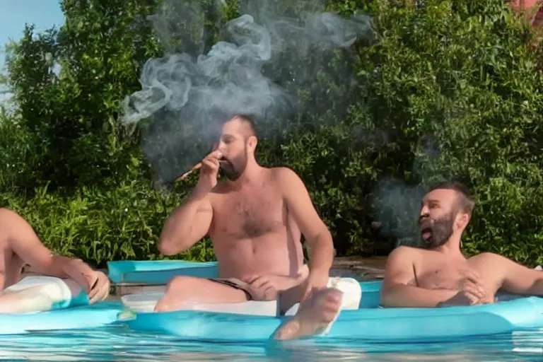 Image similar to a still of two guys smoking cigarettes while floating in a backyard pool in the video too many cooks