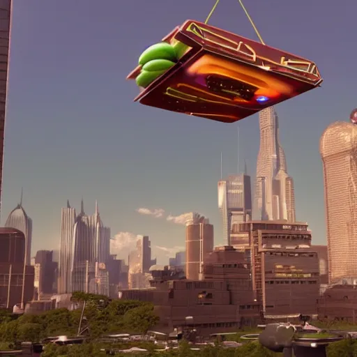 Prompt: a promotional movie still of a futuristic flying food truck is hovering high next to a tall building. candy is displayed with dramatic product lighting, the candy is pearlescent. a scene from fifth element ( 1 9 9 7 ), unreal engine 5, octane 3 d, render, imax 7 0 mm