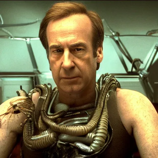 Image similar to film still of saul goodman in aliens, unreal engine, uhd, by ridley scott and h r giger, very detailed, realistic