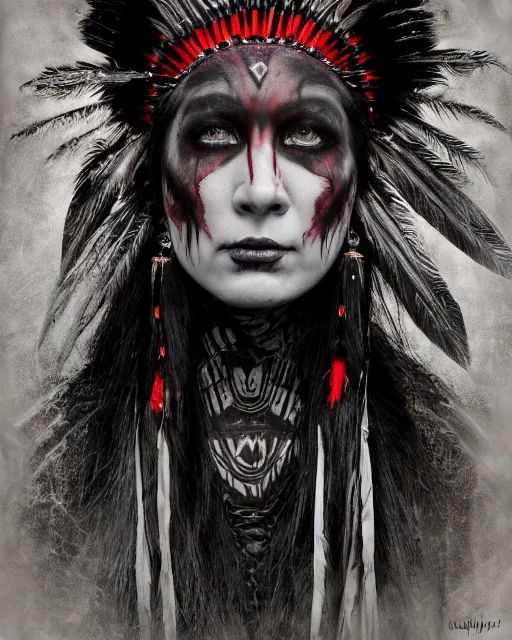 Image similar to lady native sisters ghost - spirit of the grim - warpaint wears the scarlet skull armor and native blood headdress feathers, midnight fog - mist!, dark oil painting colors, realism, cinematic lighting, various refining methods, micro macro autofocus, ultra definition, award winning photo, photograph by ghostwave - gammell - giger - shadowlord