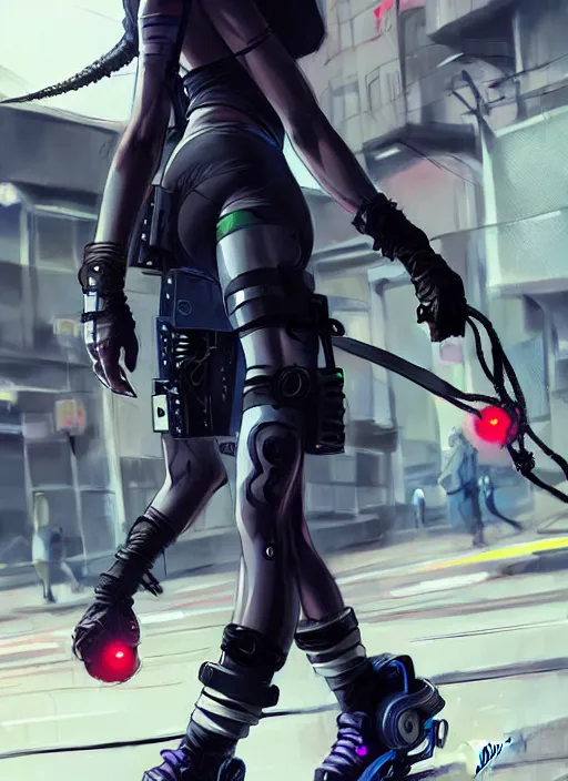 Image similar to hyper - realistic cyberpunk anime woman wearing inline skate, tokyo street, extreme detail, good face, model, concept art, in style of yoji shinkawa, pan ren wei, col price, atey ghailan, by greg rutkowski, aesthetic