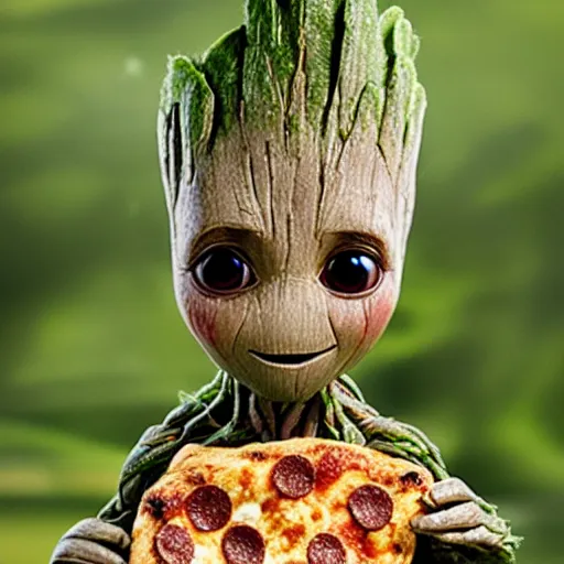 Image similar to Baby Groot eating a pizza