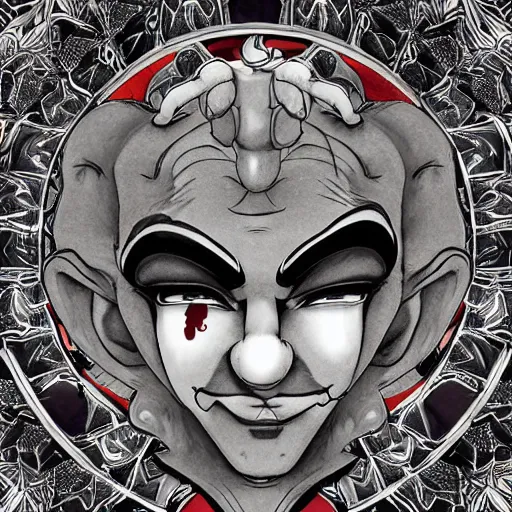 Image similar to 4K headshot of godlike clown with clown nose and defined arms and open hands and bloody clothes with giant mandala wings , intricate runny clown face make-up , flawless anime cel animation by Kentaro Miura, psychedelic , highly detailed upper body , professionally post-processed , beautiful, scary, symmetry accurate features, epic, octane rendered, anime masterpiece, accurate