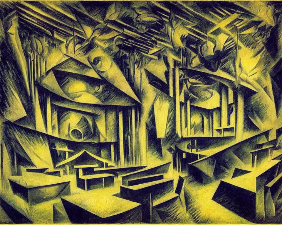 Prompt: abstract courtroom in the rainforest at night by umberto boccioni. detailed, proportional, romantic, enchanting, achingly beautiful, graphic print, trending on artstation, jungle, tropical, foliage