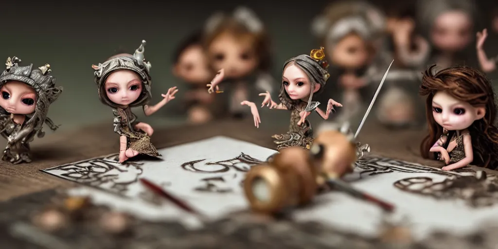 Image similar to closeup portrait of tiny d & d minis on white paper table in an artist workshop, depth of field, zeiss lens, detailed, centered, fashion photoshoot, by nicoletta ceccoli, mark ryden, lostfish, breathtaking, 8 k resolution, extremely detailed, beautiful, establishing shot, artistic, hyperrealistic, octane render