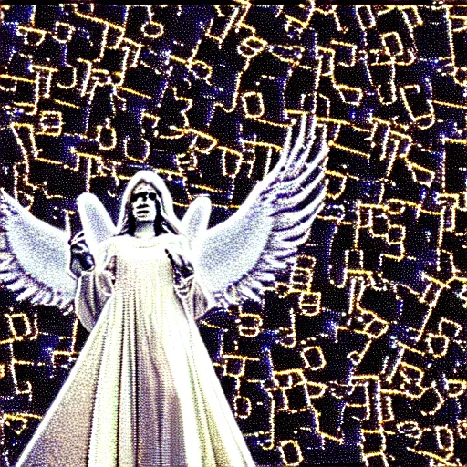 Image similar to vhs static overlay of angel apparition, money falling like confetti, vhs, 1 9 9 0, highly realistic, highly detailed, vhs noise static, black and white, vhs glitch