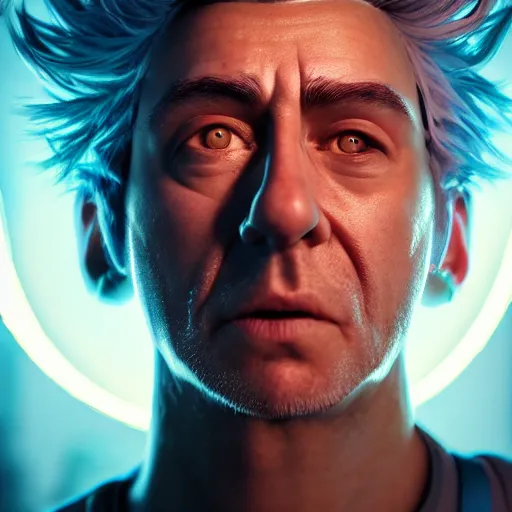 Image similar to portrait art of rick sanchez 8 k ultra realistic, lens flare, atmosphere, glow, detailed, intricate, full of colour, cinematic lighting, trending on artstation, 4 k, hyperrealistic, focused, extreme details, unreal engine 5, cinematic, masterpiece