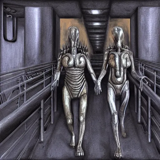 Prompt: a couple of humans walking across a metallic bridge, h. r. giger digital painting