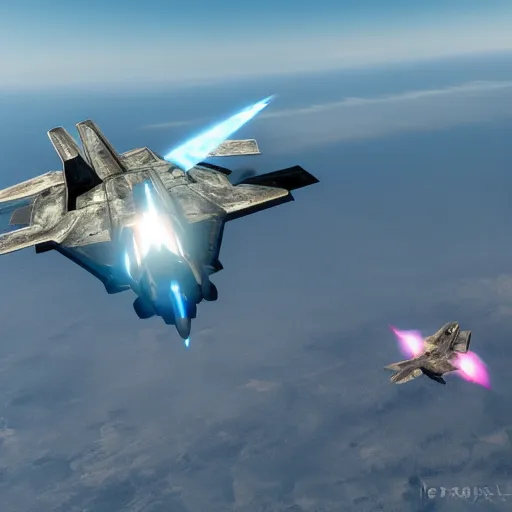 Prompt: Epic aerial dogfight between F-22 raptor and an alien spaceship, sci-fi art, 8k