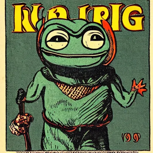 Prompt: pepe the frog, viking warrior, saga, 1 9 2 0 s magazine colors, woodcut by christian krohg