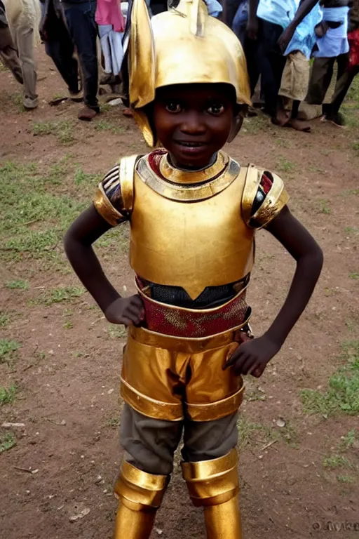 Prompt: kenyan boy dressed in golden medieval armor