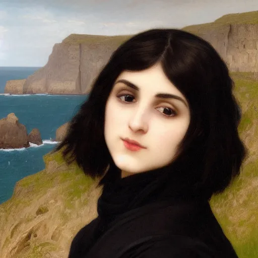 Prompt: 1 7 - year - old pale - skinned british - persian girl with black long bob cut, long bangs, black gothic jacket, black jeans, psychic girl, standing on cliff along the irish coast, overcast gray skies, ultra - realistic, sharp details, subsurface scattering, intricate details, art by william - adolphe bouguereau