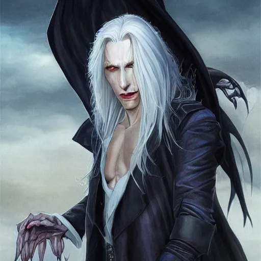 Image similar to Alucard the pale blond vampire lord mixed with morbius, very very very pale blond hair,_by_Stanley_Artgerm_Lau_WLOP_Rossdraws_James_Jean_Andrei_Riabovitchev_Marc_Simonetti_Yoshitaka_Amano_ArtStation_CGSociety