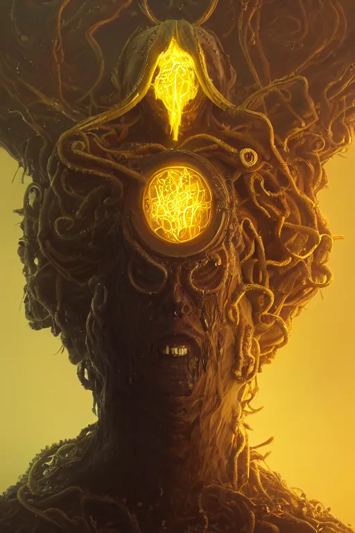 Image similar to A full body portrait of a mysterious character with no face with a very long hooded yellow cloak, a golden crown floating above his head tentacles coming out the ground art by Maciej Kuciara, Lee Griggs and Jason Chan, ominous, cosmic horror, trending on artstation, Ultra detailed, hyper realistic 4k