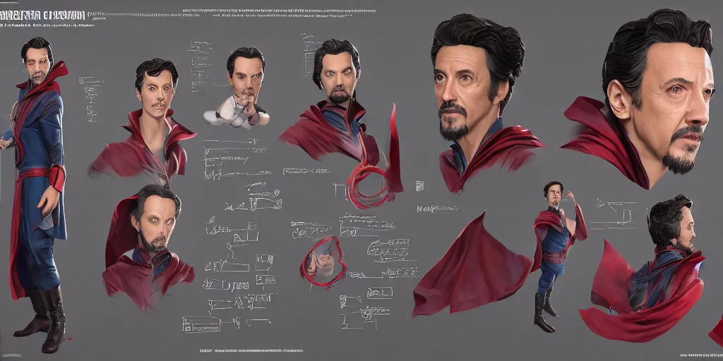 Image similar to young al pacino as dr strange the sourcerer supreme, character sheet, concept design, contrast, hot toys, kim jung gi, greg rutkowski, zabrocki, karlkka, jayison devadas, trending on artstation, 8 k, 3 d scene, photo, realistic, octane render, ultra wide angle, pincushion lens effect