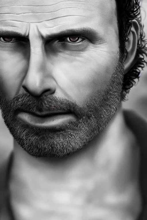 Image similar to portrait art of rick grimes 8 k ultra realistic, digital art, character portrait, highly detailed, trending on artstation, lens flare, atmosphere, hyper realistic, cinematic lightning, sharp focus, unreal engine 5, extreme details perfect face, pretty face, fine - face, illustration, 8 k, ultra texture, masterpiece