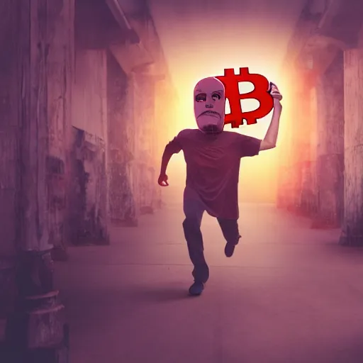 Image similar to people running away scared from a giant with bitcoin head, cinematic, comic art, hyper-realistic, cryptocurrency, 8k