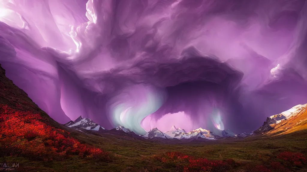 Prompt: amazing landscape photo of a purple tornad descending on a mountain by marc adamus, beautiful dramatic lighting