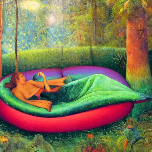 Image similar to psychedelic couch sofa in the lush forest, milky way, designed by arnold bocklin, jules bastien - lepage, tarsila do amaral, wayne barlowe and gustave baumann, cheval michael, trending on artstation, mediterranean, star, sharp focus, colorful refracted sparkles and lines, soft light, 8 k 4 k