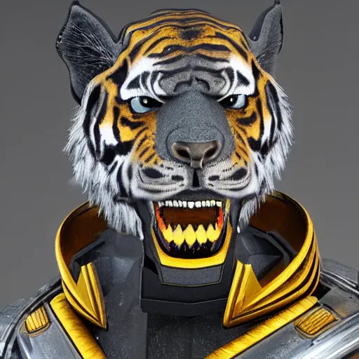Image similar to a humanoid tiger in futuristic body armor and grey fur, highly detailed, yellow eyes, teeth that protrude past their lower jaw holding a plasma rifle