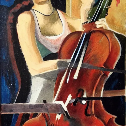 Image similar to woman playing a cello, stuckism art style,