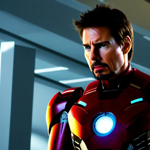 Image similar to movie still portrait of tom cruise playing as tony stark in iron man ( 2 0 0 8 ) sharp focus, shallow depth of field, 4 k editorial photograph