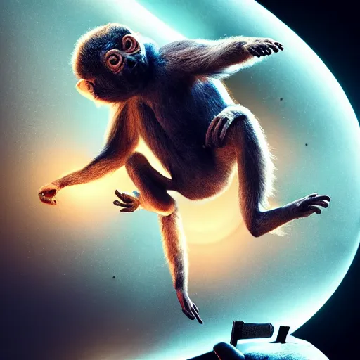 Image similar to astronaut monkeys, realistic, dramatic light, octane render, trending on artstation, cinematic, hyper realism, high detail, 8k