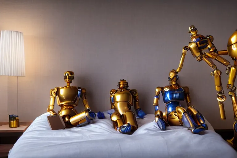 Prompt: 3 shiny golden and blue metallic steampunk humanoid robots sleeping on bed and floor in a luxury futuristic hotel room with empty bottles all over the floor, pressphoto, dawn light, insanely detailed, 3 5 mm lens, wide shot