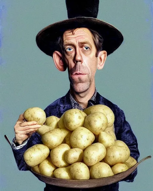 Image similar to hugh laurie with potatoes instead of eyes, wearing a tea pot as a hat, surrealist painting, highly detailed