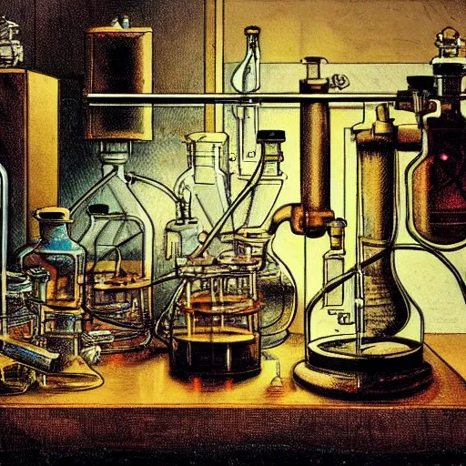 Image similar to a steampunk robot mouse performing a chemistry experiment at a lab bench, grimy, beakers are glowing, the lab is packed with equipment, renaissance painting, pastel colors