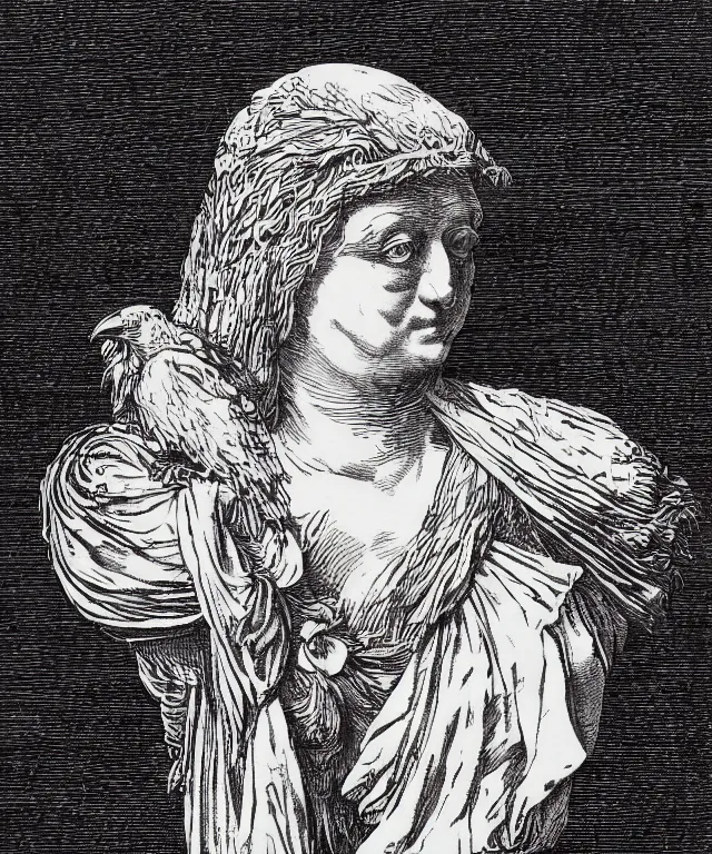 Prompt: raven sitting on a female marble bust on a white background, art by james o barr and albrecht durer and piranesi, woodblock print, engraved, black and white, vector, vector art