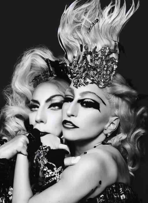 Prompt: lady gaga and madonna styled by nick knight showstudio, posing, high fashion classy, glamour, full body shot, set pieces, intricate set, vogue magazine, canon, highly realistic. high resolution. highly detailed. dramatic. 8 k. 4 k.