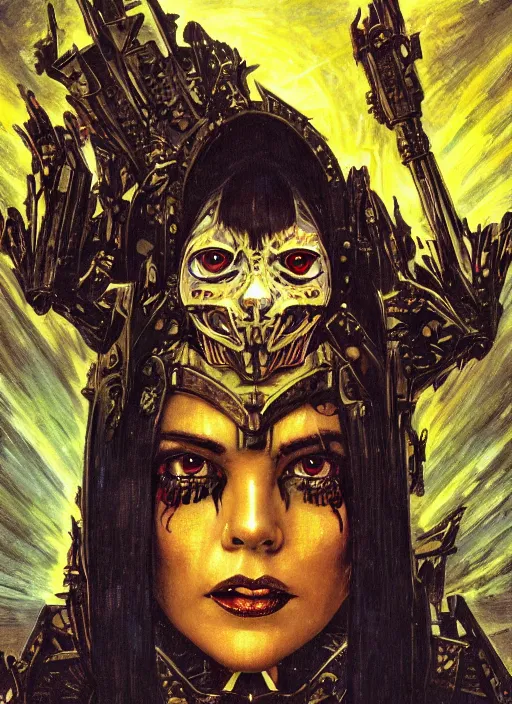 Image similar to symmetry! middle closeup chamber portrait of a biblical diabolical girl!! stylish cyborg armor, pirate spaceship, heavy eyes to the side, closeup, bright glowing eyes, in clouds, rain, sunset, by gerald brom, by mikhail vrubel, by peter elson, muted colors, extreme detail, mirrors, trending on artstation, 8 k