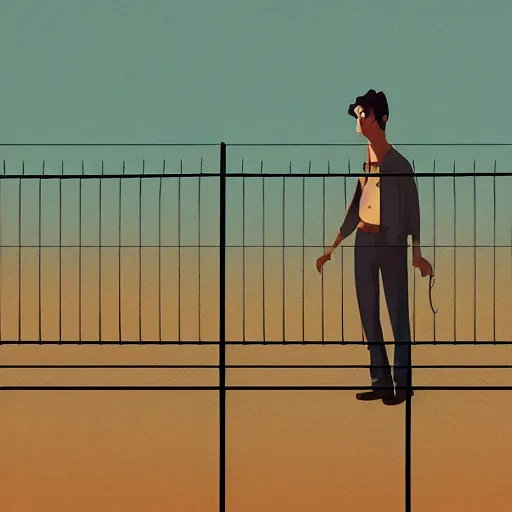 Image similar to a matte painting of a man standing in front of a wire fence by emiliano ponzi, james gilleard