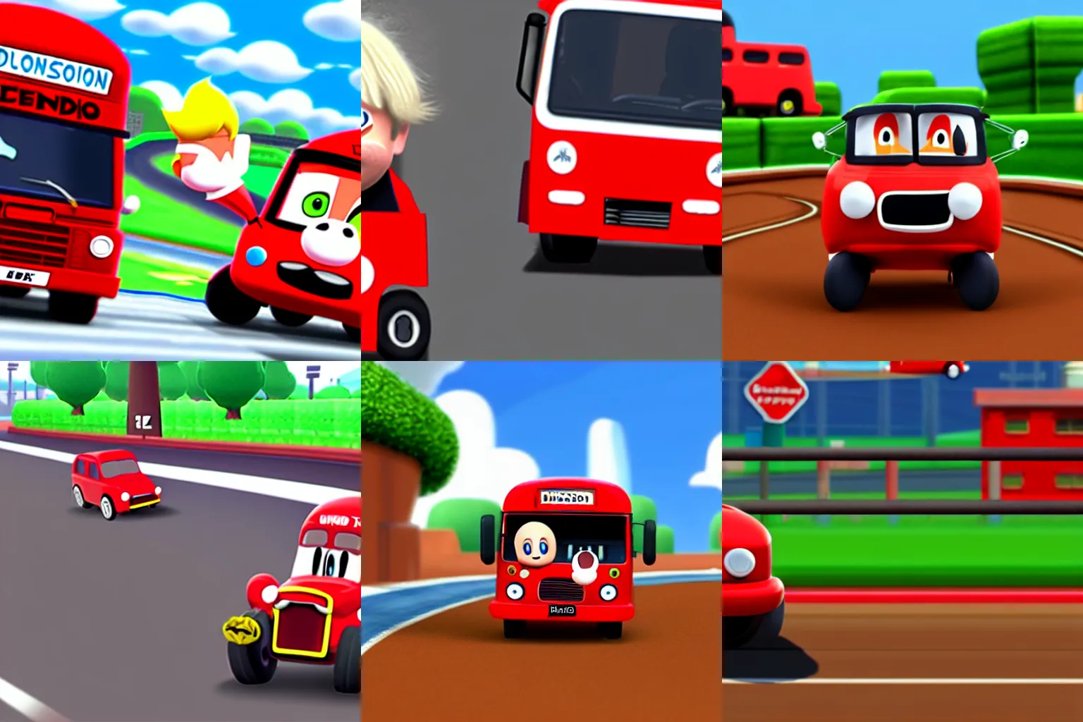 Prompt: Boris Johnson as a character in double dash riding a red bus, Nintendo. Dirt track, rainy day. Game render