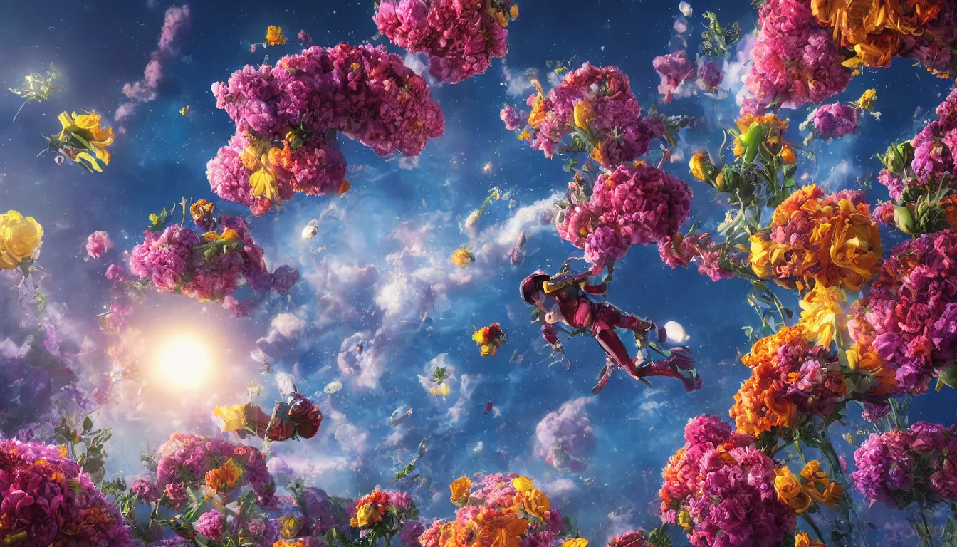 Image similar to An epic fantastic realism comic book style painting of the most beautiful flowers launched into space, bouquets, fisheye lens, the Earth is forming, unreal 5, DAZ, hyperrealistic, octane render, dynamic lighting