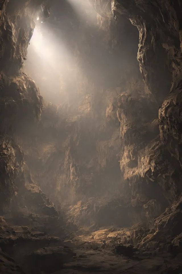 Prompt: the underground cave has a huge bronze door, bronze material, dark and spectacular atmosphere ， super wide angle ， matte painting ， rtx on ， trending on cgsociety and artstation, unreal engine ， volumetric light ， surreal