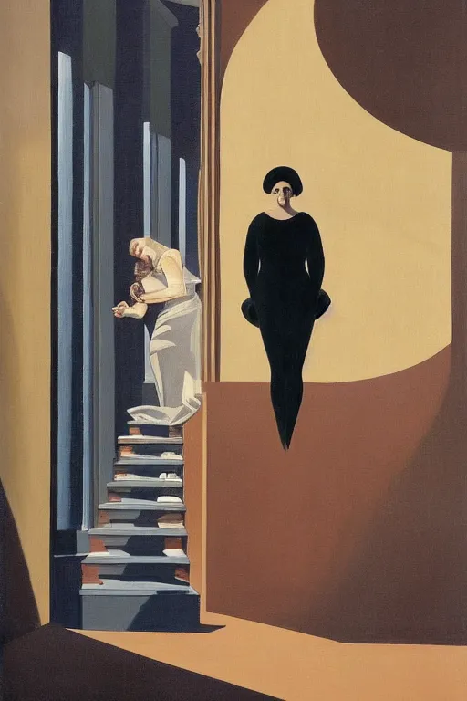 Image similar to painting of beautiful woman on infinite staircase watching man falling down, by de chirico, by magritte, by paula rego