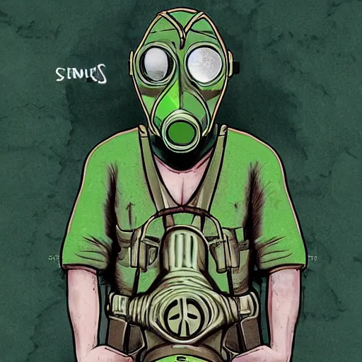 Image similar to elf with gas mask, stoner album art by arik roper