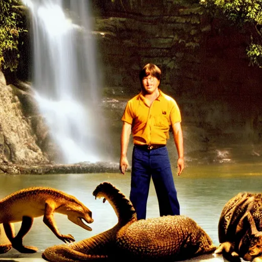 Image similar to steve irwin with dingo and crocodile ( ( ( ( bruce lee ) ) ) ), waterfall background, epic detailed cinematic photography