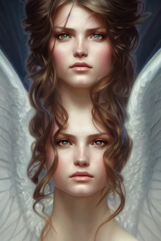 Prompt: Angel portrait, fantasy, amber eyes, face, long hair, intricate, elegant, highly detailed, digital painting, artstation, concept art, smooth, sharp focus, illustration, art by artgerm and greg rutkowski and alphonse mucha