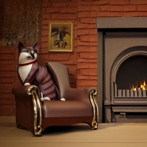 Prompt: a 3 d render of steampunk cat sits in a chair in front of a fireplace in a book lined room and smokes a pipe, high realistic, high detailed, octane render