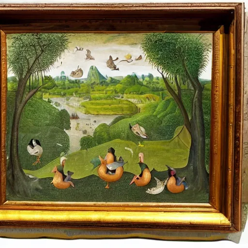 Prompt: An intricate, extremely detailed painting in a style of Hieronim Bosch featuring a river in Europe, surrounded by trees and fields. A duck is slowly moving through the water. Sun is shining.